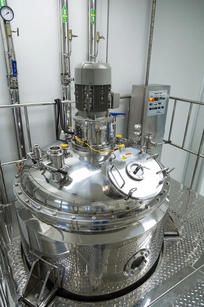 Stainless steel bioprocess vessel with agitator and control panel